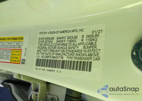 2021 Acura Tlx A-Spec Package z USA, uszkodzony, nr VIN 19UUB6F57MA007708